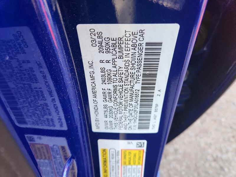 Продаж на аукціоні авто 2020 Honda Accord, vin: 1HGCV2F31LA016512, номер лоту: 60457156