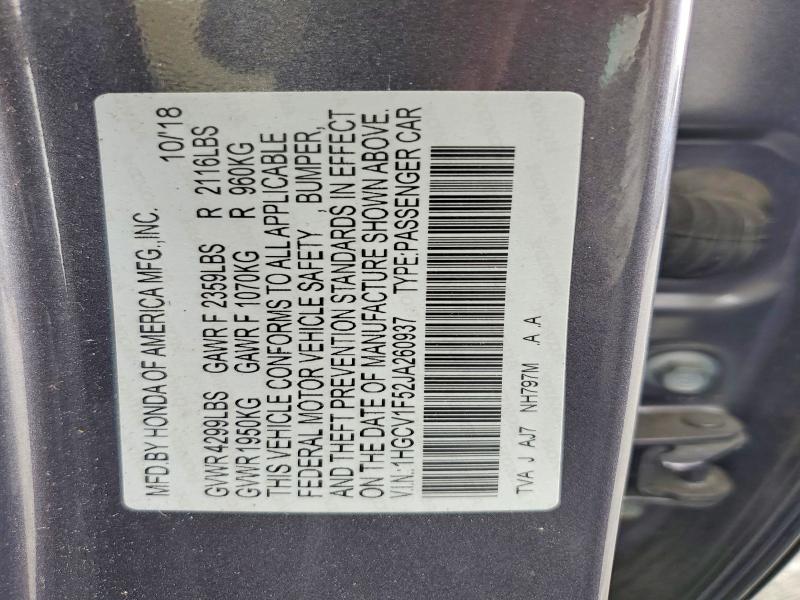 Aukcja sprzedaży 2018 Honda Accord, vin: 1HGCV1F52JA260937, numer aukcji: 60798476