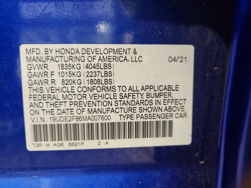 Auction sale of the 2021 Acura Ilx, vin: 19UDE2F86MA007600, lot number: 59267026