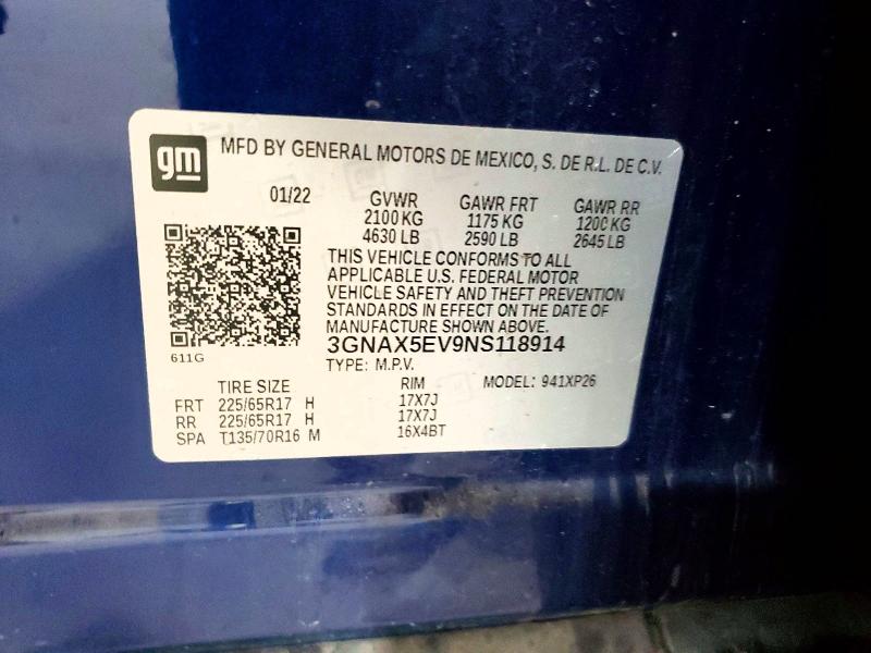61298826 :رقم المزاد ، 3GNAX5EV9NS118914 vin ، 2022 Chevrolet Equinox مزاد بيع