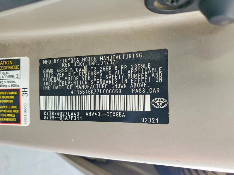 Продажа на аукционе авто 2007 Toyota Camry, vin: 4T1BB46K77U006668, номер лота: 61030686