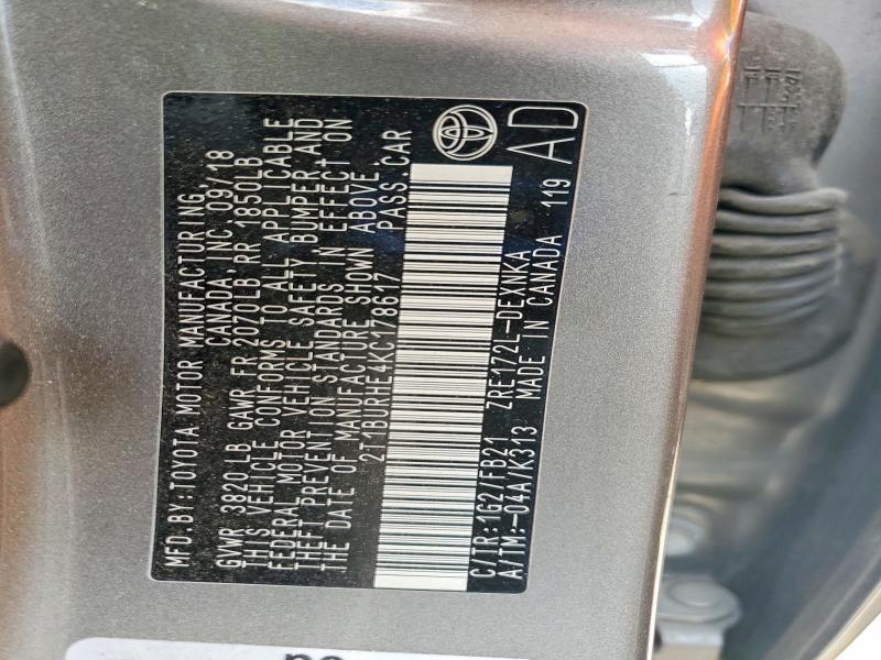 Продаж на аукціоні авто 2019 Toyota Corolla, vin: 2T1BURHE4KC178617, номер лоту: 59363956