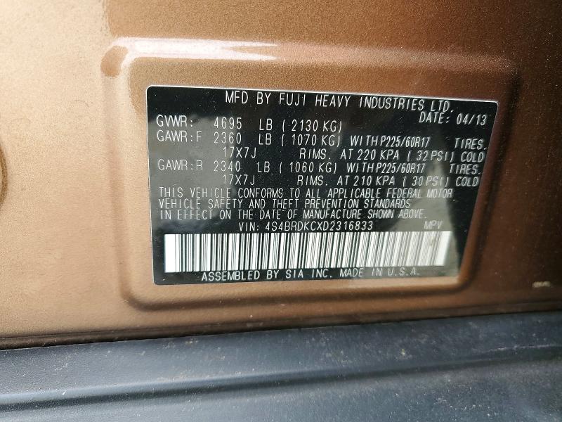 60085716 :رقم المزاد ، 4S4BRDKCXD2316833 vin ، 2013 Subaru Outback مزاد بيع