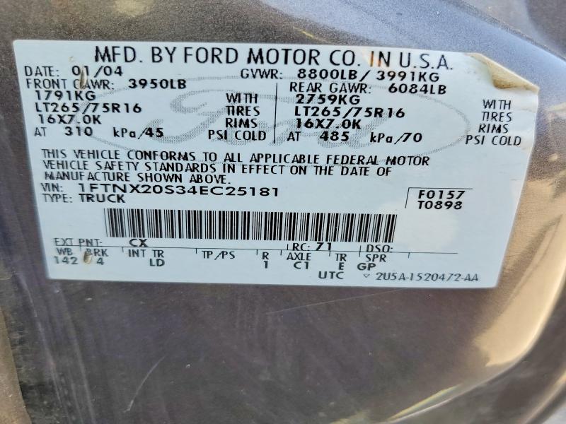 2004 Ford F250 მანქანა იყიდება აუქციონზე, vin: 1FTNX20S34EC25181, აუქციონის ნომერი: 61957486