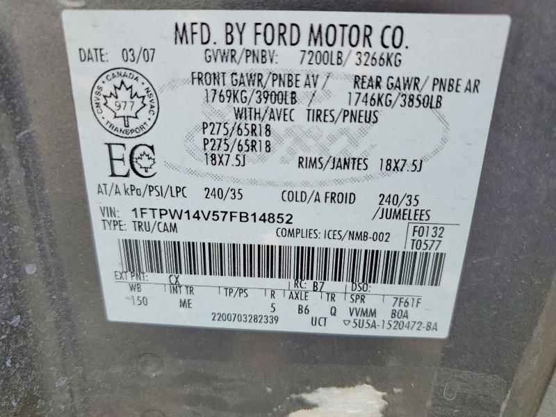 61557916 :رقم المزاد ، 1FTPW14V57FB14852 vin ، 2007 Ford F150 مزاد بيع
