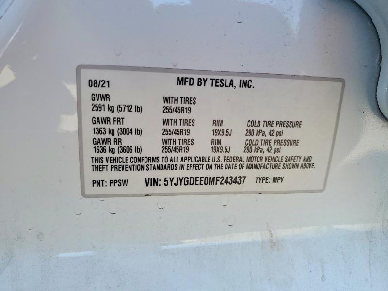 2021 Tesla Model Y მანქანა იყიდება აუქციონზე, vin: 5YJYGDEE0MF243437, აუქციონის ნომერი: 60062596