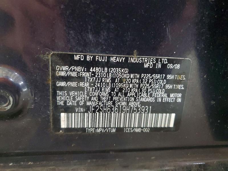 62077306 :رقم المزاد ، JF2SH63619H753931 vin ، 2009 Subaru Forester مزاد بيع