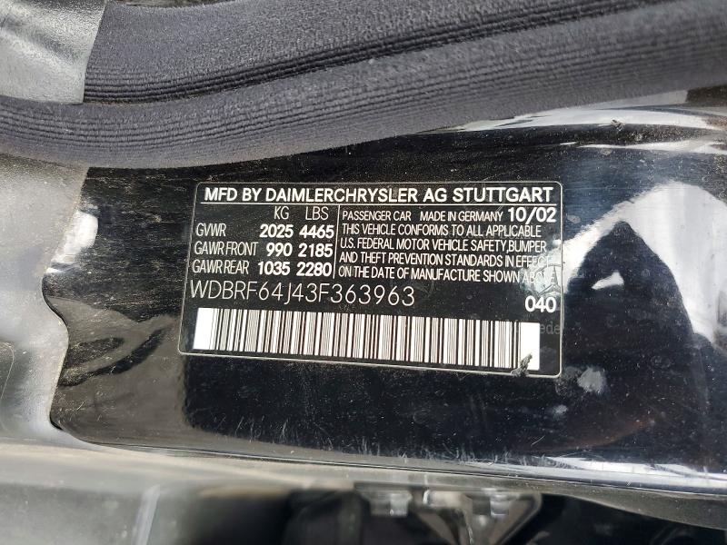 2003 Mercedes-benz C მანქანა იყიდება აუქციონზე, vin: WDBRF64J43F363963, აუქციონის ნომერი: 61561686