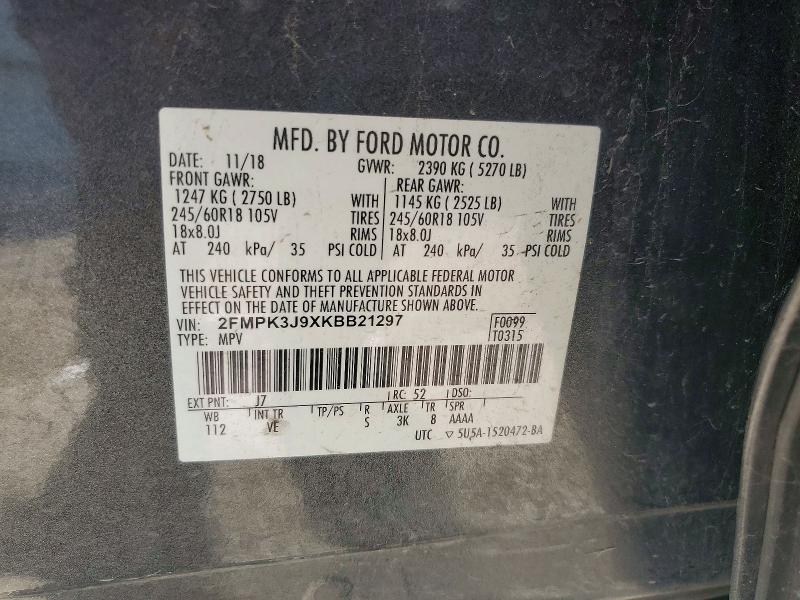 2019 Ford Edge მანქანა იყიდება აუქციონზე, vin: 2FMPK3J9XKBB21297, აუქციონის ნომერი: 63498276
