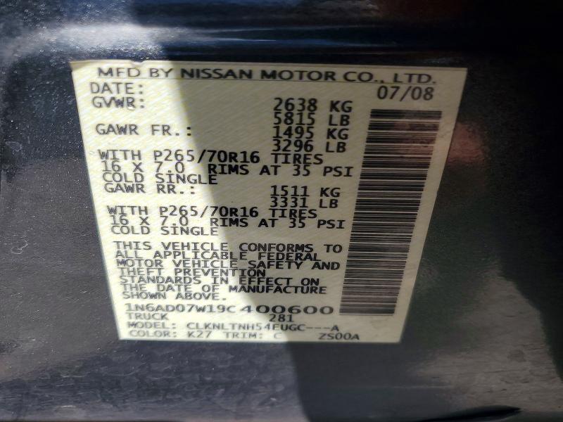 62024616 :رقم المزاد ، 1N6AD07W19C400600 vin ، 2009 Nissan Frontier مزاد بيع