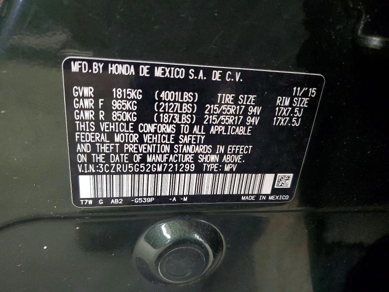 60586886 :رقم المزاد ، 3CZRU5G52GM721299 vin ، 2016 Honda Hr-v مزاد بيع