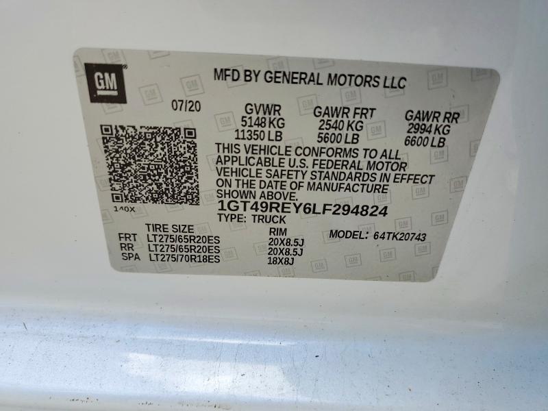 59333326 :رقم المزاد ، 1GT49REY6LF294824 vin ، 2020 Gmc Sierra مزاد بيع