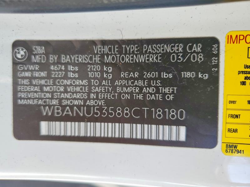 61720126 :رقم المزاد ، WBANU53588CT18180 vin ، 2008 Bmw 528 مزاد بيع