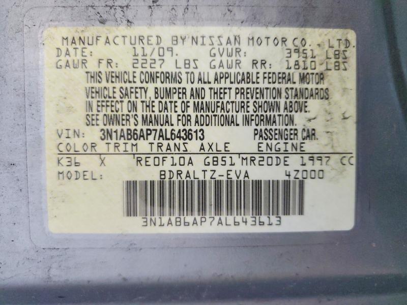 60188166 :رقم المزاد ، 3N1AB6AP7AL643613 vin ، 2010 Nissan Sentra مزاد بيع