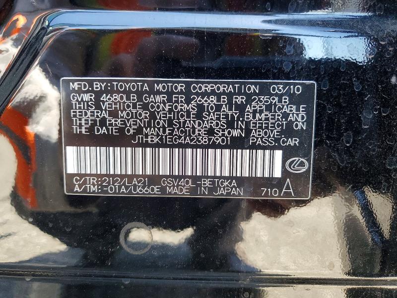 60606006 :رقم المزاد ، JTHBK1EG4A2387901 vin ، 2010 Lexus Es مزاد بيع
