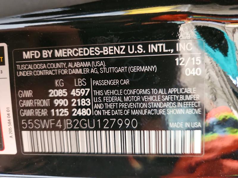 61628766 :رقم المزاد ، 55SWF4JB2GU127990 vin ، 2016 Mercedes-benz C مزاد بيع