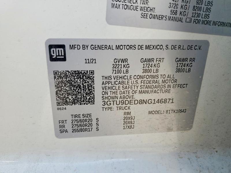 Aukcja sprzedaży 2022 Gmc Sierra Limited, vin: 3GTU9DED8NG146871, numer aukcji: 62272646