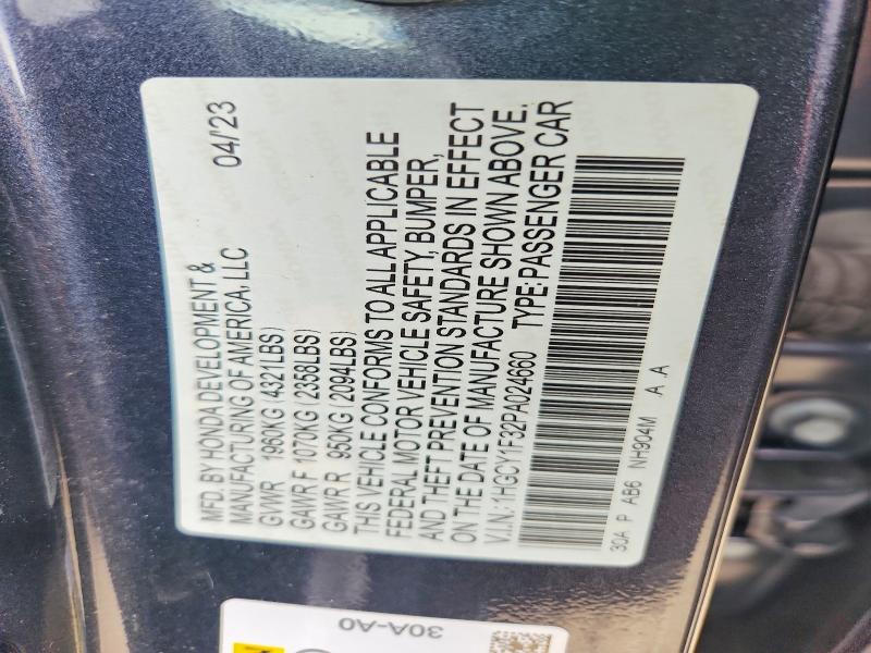 2023 Honda Accord მანქანა იყიდება აუქციონზე, vin: 1HGCY1F32PA024660, აუქციონის ნომერი: 60271436