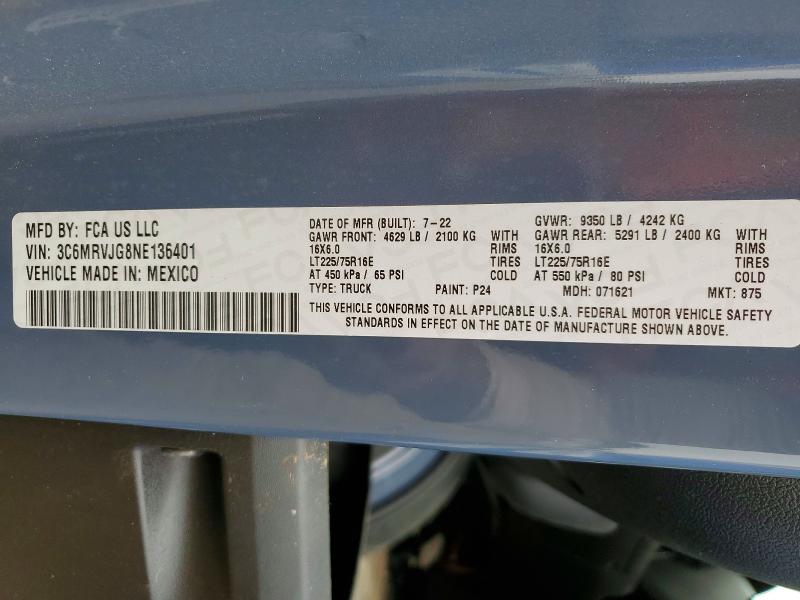 2022 Ram Promaster 3500 მანქანა იყიდება აუქციონზე, vin: 3C6MRVJG8NE136401, აუქციონის ნომერი: 61384496