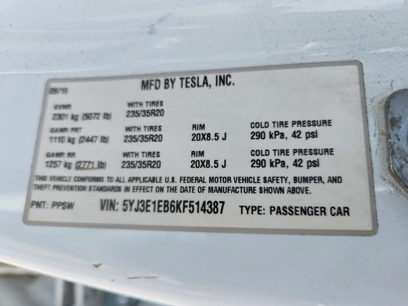 54647296 :رقم المزاد ، 5YJ3E1EB6KF514387 vin ، 2019 Tesla Model 3 مزاد بيع