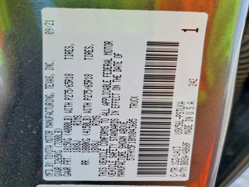 61856406 :رقم المزاد ، 5TFHY5F18MX043605 vin ، 2021 Toyota Tundra مزاد بيع