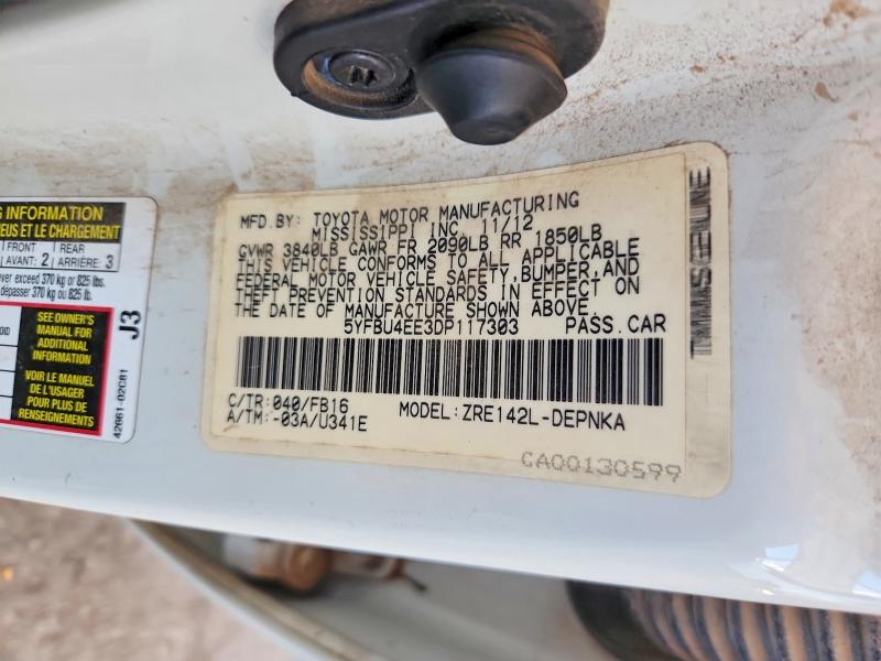 63162506 :رقم المزاد ، 5YFBU4EE3DP117303 vin ، 2013 Toyota Corolla مزاد بيع
