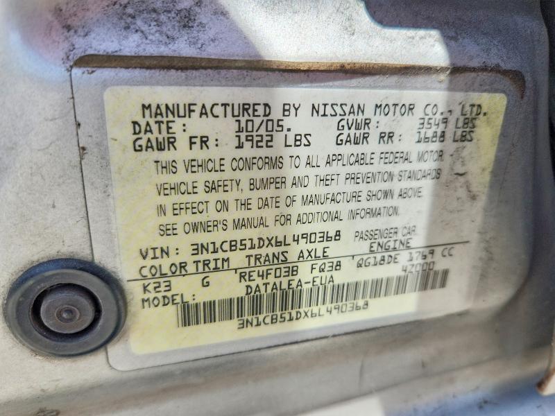 Продажа на аукционе авто 2006 Nissan Sentra, vin: 3N1CB51DX6L490368, номер лота: 60052876