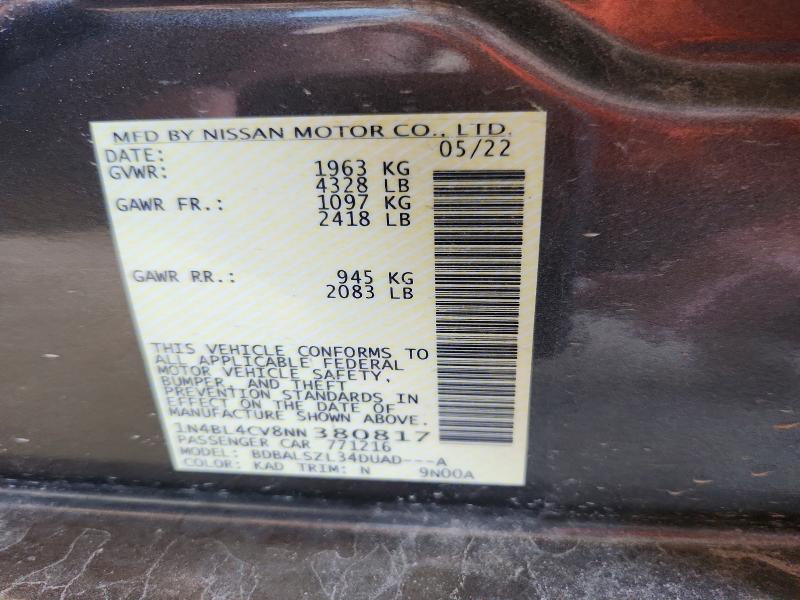 Auction sale of the 2022 Nissan Altima, vin: 1N4BL4CV8NN380817, lot number: 61201926