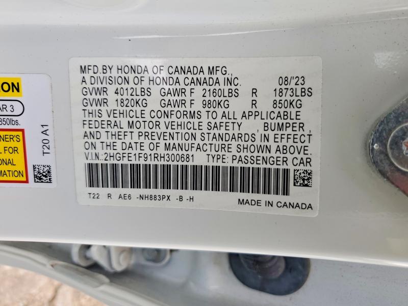 2024 Honda Civic მანქანა იყიდება აუქციონზე, vin: 2HGFE1F91RH300681, აუქციონის ნომერი: 60049386