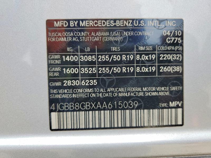Aukcja sprzedaży 2010 Mercedes-benz Ml, vin: 4JGBB8GBXAA615039, numer aukcji: 62977766