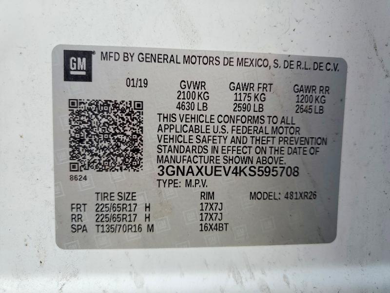 2019 Chevrolet Equinox მანქანა იყიდება აუქციონზე, vin: 3GNAXUEV4KS595708, აუქციონის ნომერი: 61051006