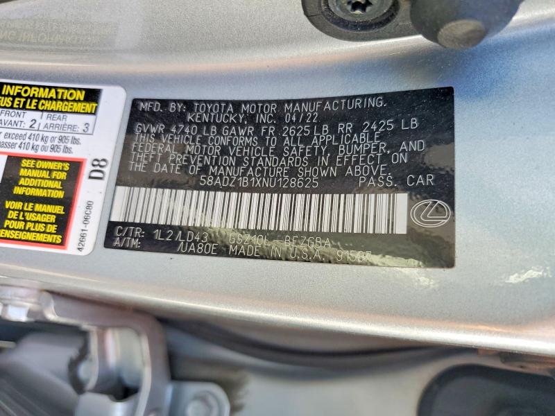 Aukcja sprzedaży 2022 Lexus Es 350, vin: 58ADZ1B1XNU128625, numer aukcji: 62086336