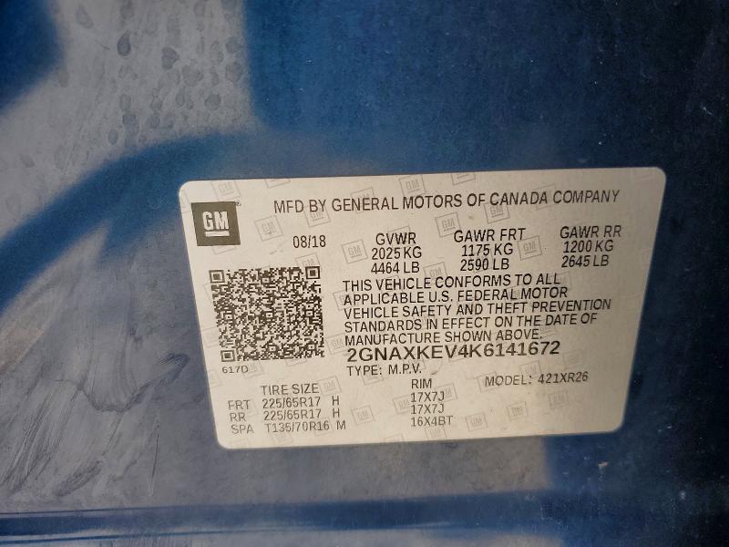 2019 Chevrolet Equinox მანქანა იყიდება აუქციონზე, vin: 2GNAXKEV4K6141672, აუქციონის ნომერი: 56967606