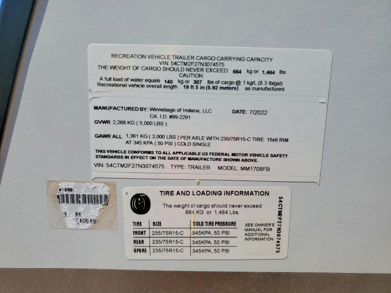 Продаж на аукціоні авто 2022 Winn Trvl Trlr, vin: 54CTM2F27N3074575, номер лоту: 62613416