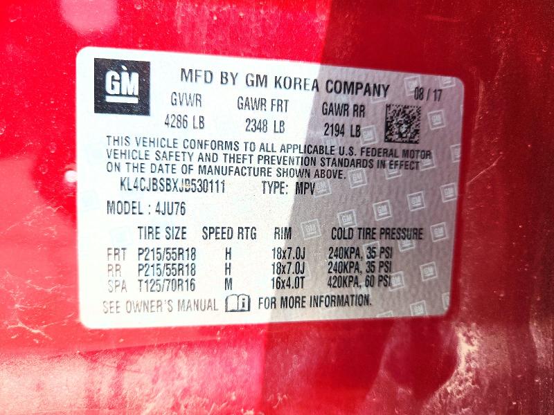 61959586 :رقم المزاد ، KL4CJBSBXJB530111 vin ، 2018 Buick Encore مزاد بيع