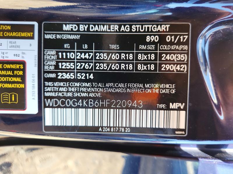 2017 Mercedes-benz Glc მანქანა იყიდება აუქციონზე, vin: WDC0G4KB6HF220943, აუქციონის ნომერი: 63298496