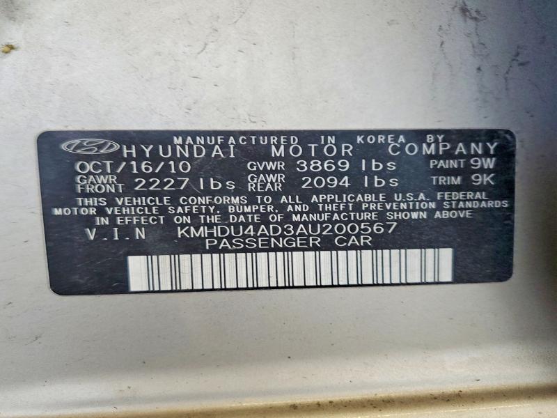 2010 Hyundai Elantra მანქანა იყიდება აუქციონზე, vin: KMHDU4AD3AU200567, აუქციონის ნომერი: 61702046