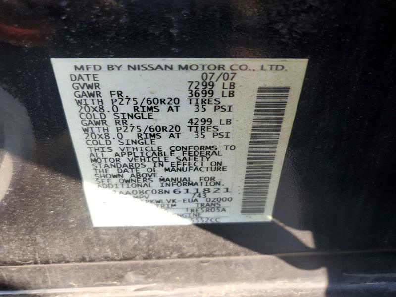 59261646 :رقم المزاد ، 5N1AA08C08N611821 vin ، 2008 Nissan Armada مزاد بيع