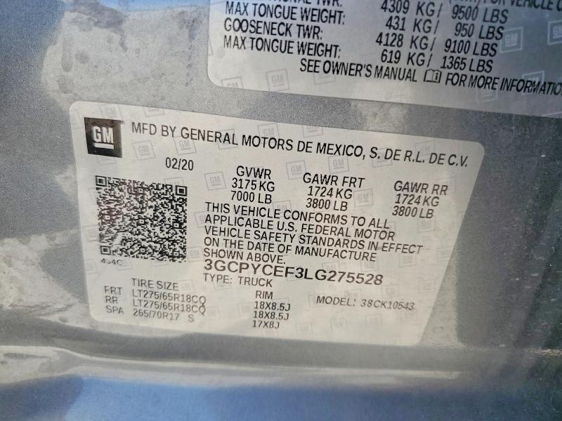 Aukcja sprzedaży 2020 Chevrolet Silverado, vin: 3GCPYCEF3LG275528, numer aukcji: 59743086