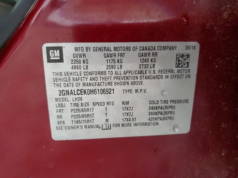 60412596 :رقم المزاد ، 2GNALCEK0H6106921 vin ، 2017 Chevrolet Equinox مزاد بيع