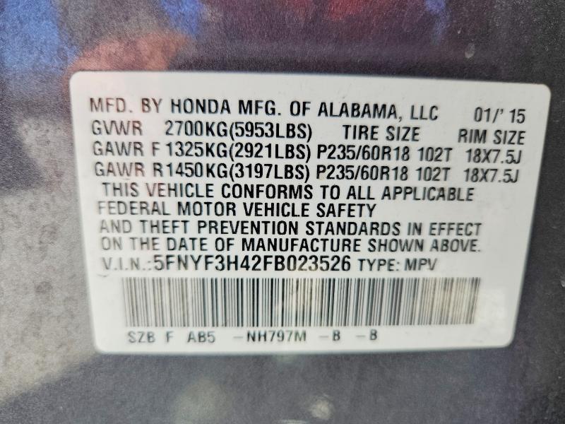 Продаж на аукціоні авто 2015 Honda Pilot, vin: 5FNYF3H42FB023526, номер лоту: 60409346