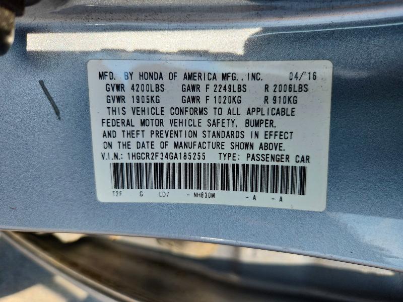 2016 Honda Accord მანქანა იყიდება აუქციონზე, vin: 1HGCR2F34GA185255, აუქციონის ნომერი: 60240816