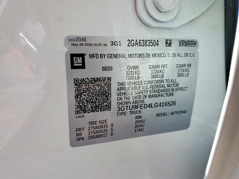 Aukcja sprzedaży 2020 Gmc Sierra, vin: 3GTU9FED4LG416526, numer aukcji: 61127376