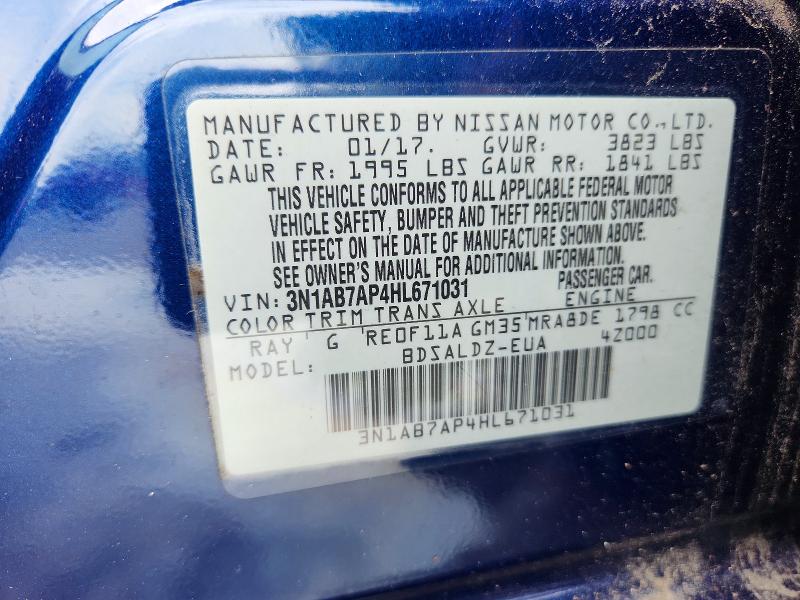 2017 Nissan Sentra მანქანა იყიდება აუქციონზე, vin: 3N1AB7AP4HL671031, აუქციონის ნომერი: 63535436