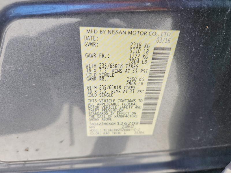 Aukcja sprzedaży 2016 Nissan Murano, vin: 5N1AZ2MGXGN126209, numer aukcji: 60006216