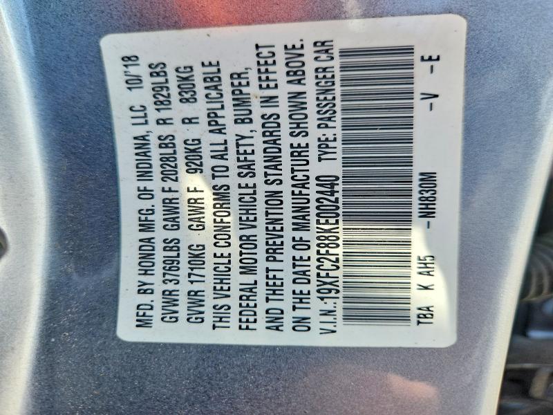 Aukcja sprzedaży 2019 Honda Civic, vin: 19XFC2F88KE002440, numer aukcji: 59596596