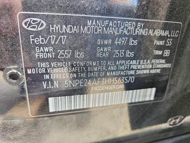 2017 Hyundai Sonata მანქანა იყიდება აუქციონზე, vin: 5NPE24AF3HH563570, აუქციონის ნომერი: 62146066