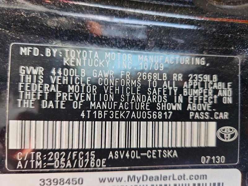 2010 Toyota Camry მანქანა იყიდება აუქციონზე, vin: 4T1BF3EK7AU056817, აუქციონის ნომერი: 59365496