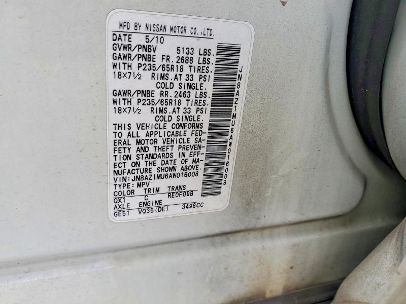 Aukcja sprzedaży 2010 Nissan Murano, vin: JN8AZ1MU6AW016008, numer aukcji: 62142096