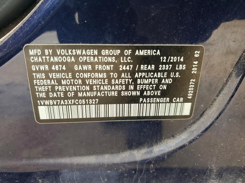 60847696 :رقم المزاد ، 1VWBV7A3XFC051327 vin ، 2015 Volkswagen Passat مزاد بيع